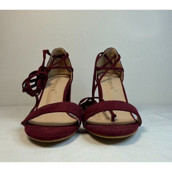 Allegra K Women's Size 9 Burgundy Open Toe Lace Up Chunky High Heel Sandals - Picture 5 of 11